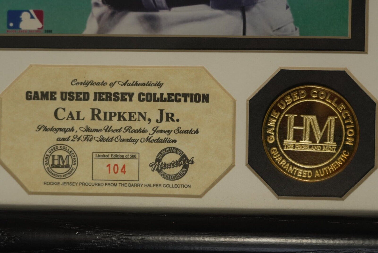 Cal Ripken Highland Mint Photo Mint Game Used Jersey Rookie HOF Orioles 500