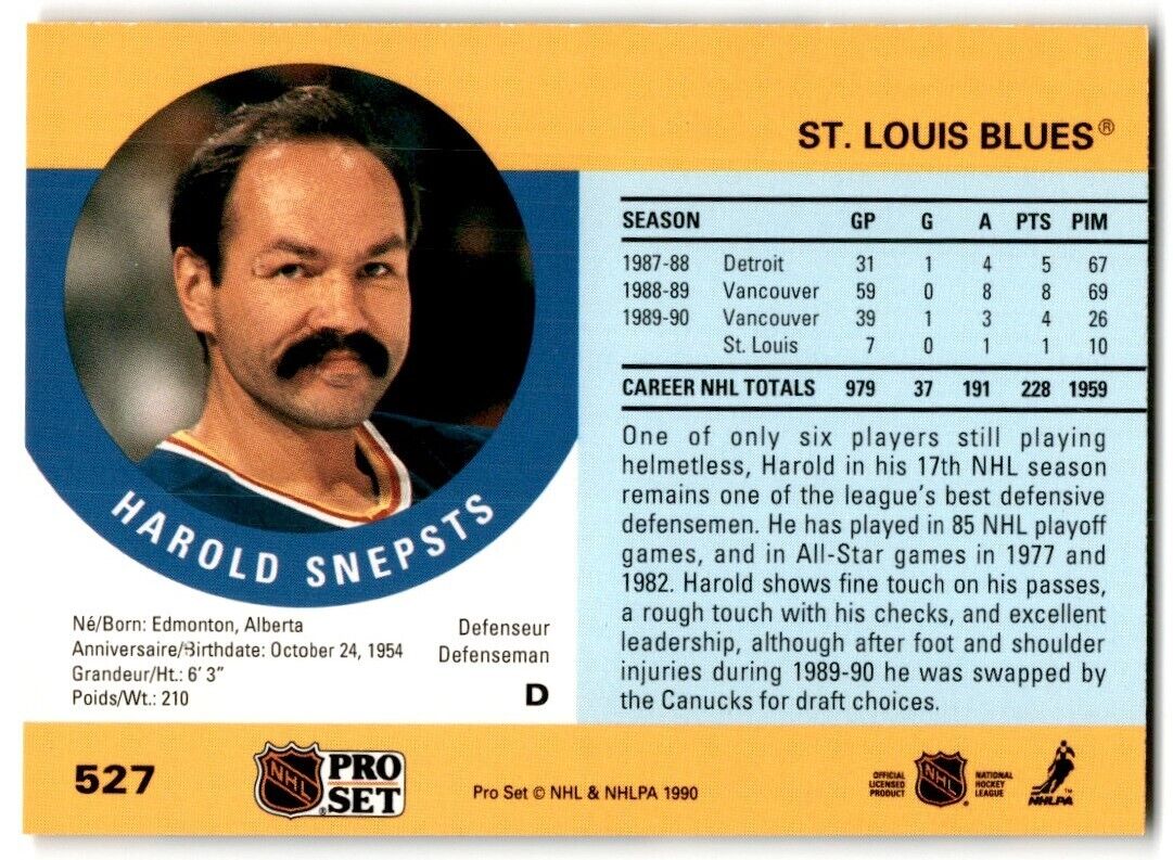 1990-91 Pro Set Harold Snepsts St. Louis Blues #527