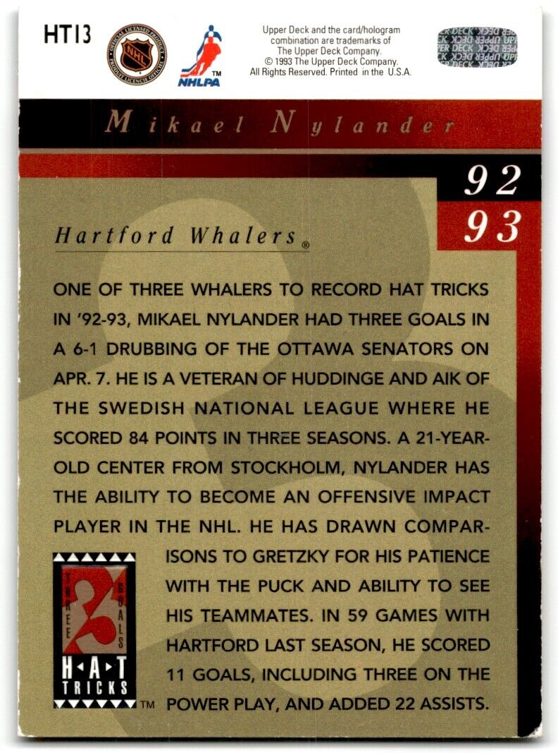 1993-94 Upper Deck Hat Tricks Michael Nylander Hartford Whalers #HT13