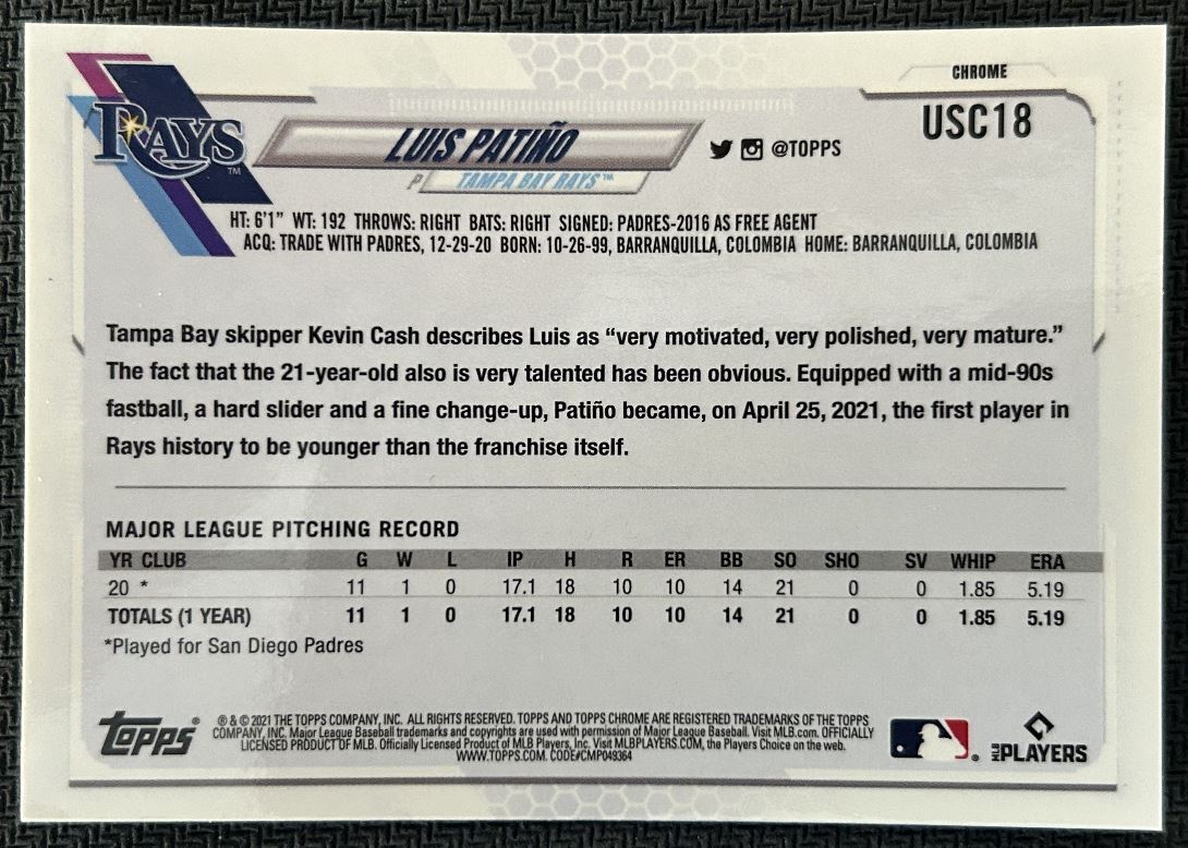 2021 Topps Chrome Update Luis Patiño Tampa Bay Rays #USC18