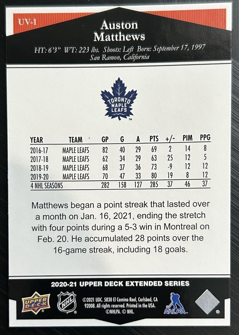 2020-21 Upper Deck Ultimate Victory Auston Matthews Toronto Maple Leafs #UV-1