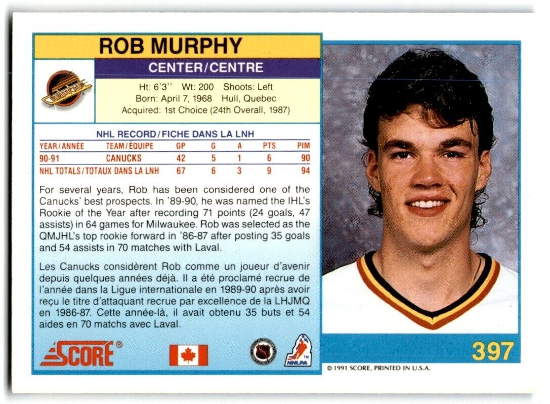 1991-92 Score Canadian Rob Murphy Vancouver Canucks #397