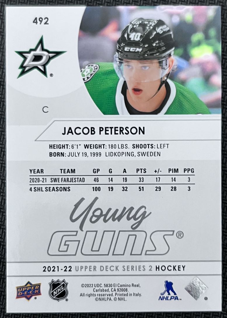 2021-22 Upper Deck Jacob Peterson Rookie Dallas Stars #492