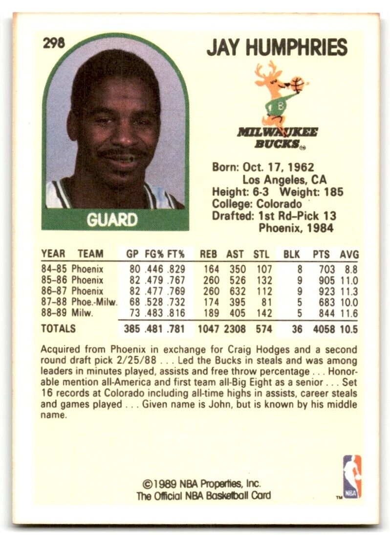 1989-90 Hoops Jay Humphries Milwaukee Bucks #298