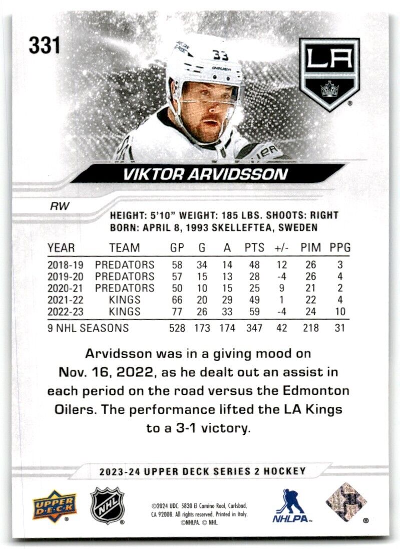 2023-24 Upper Deck Viktor Arvidsson Los Angeles Kings #331