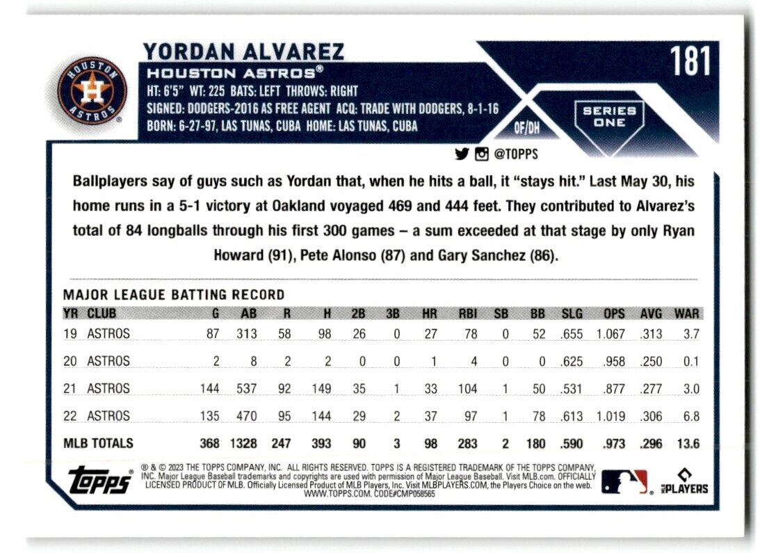 2023 Topps Yordan Alvarez Houston Astros #181