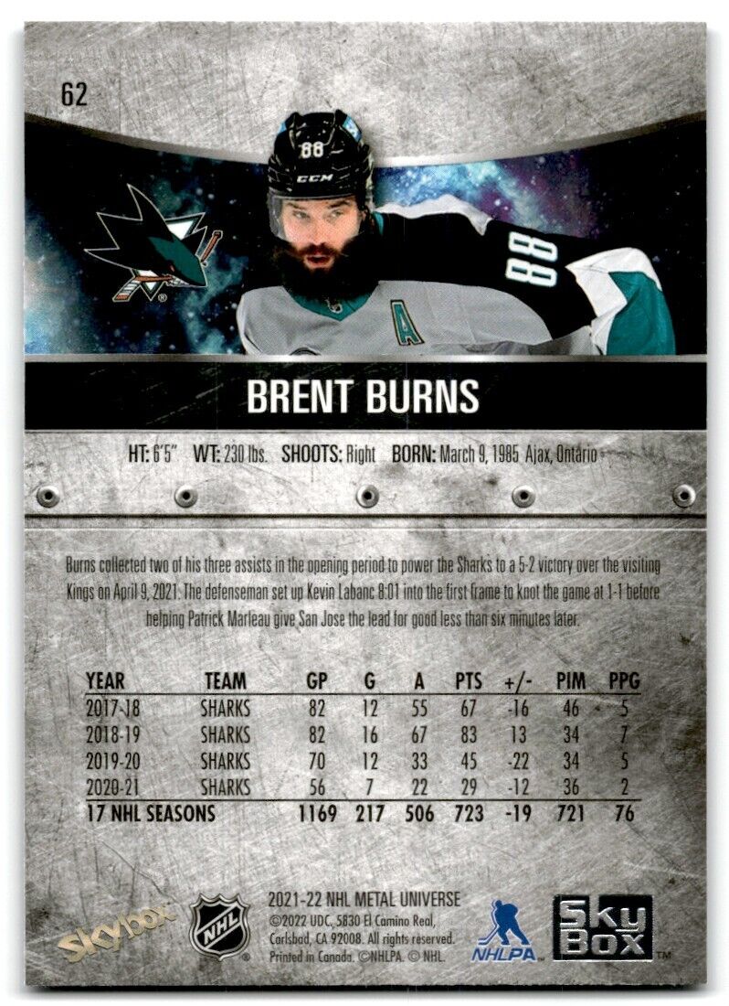 2021-22 Skybox Metal Universe Brent Burns San Jose Sharks #62