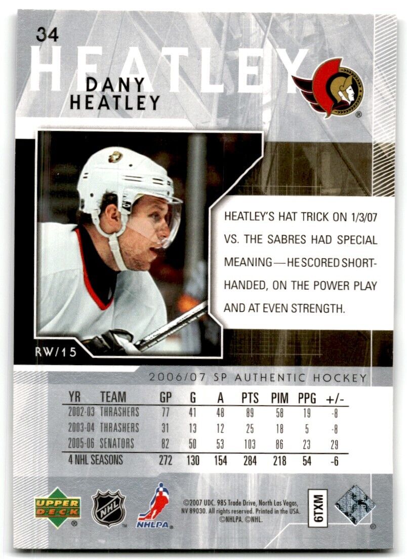 2007-08 SP Authentic Dany Heatley Ottawa Senators #34