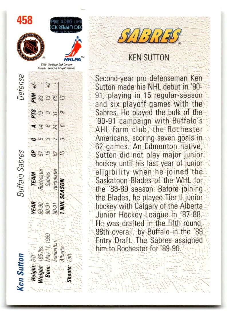 1991-92 Upper Deck Ken Sutton Rookie Buffalo Sabres #458