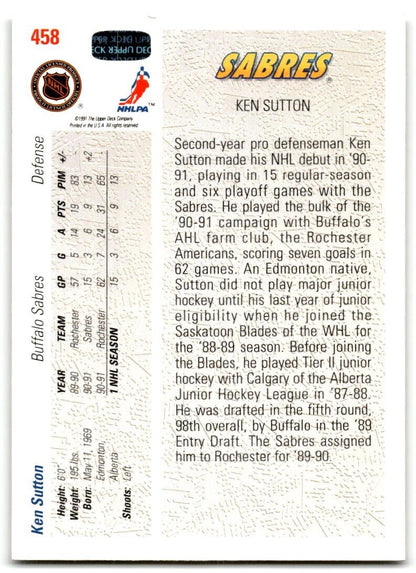 1991-92 Upper Deck Ken Sutton Rookie Buffalo Sabres #458