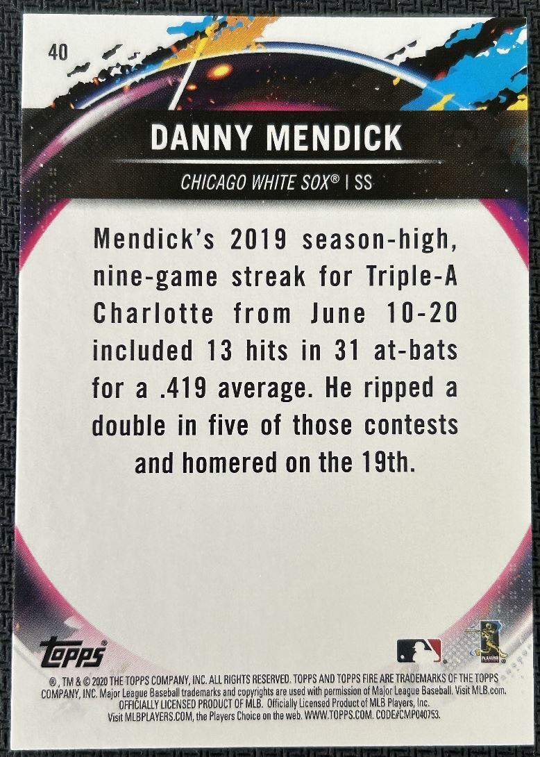 2020 Topps Fire Red Danny Mendick Rookie Chicago White Sox #40 Parallel