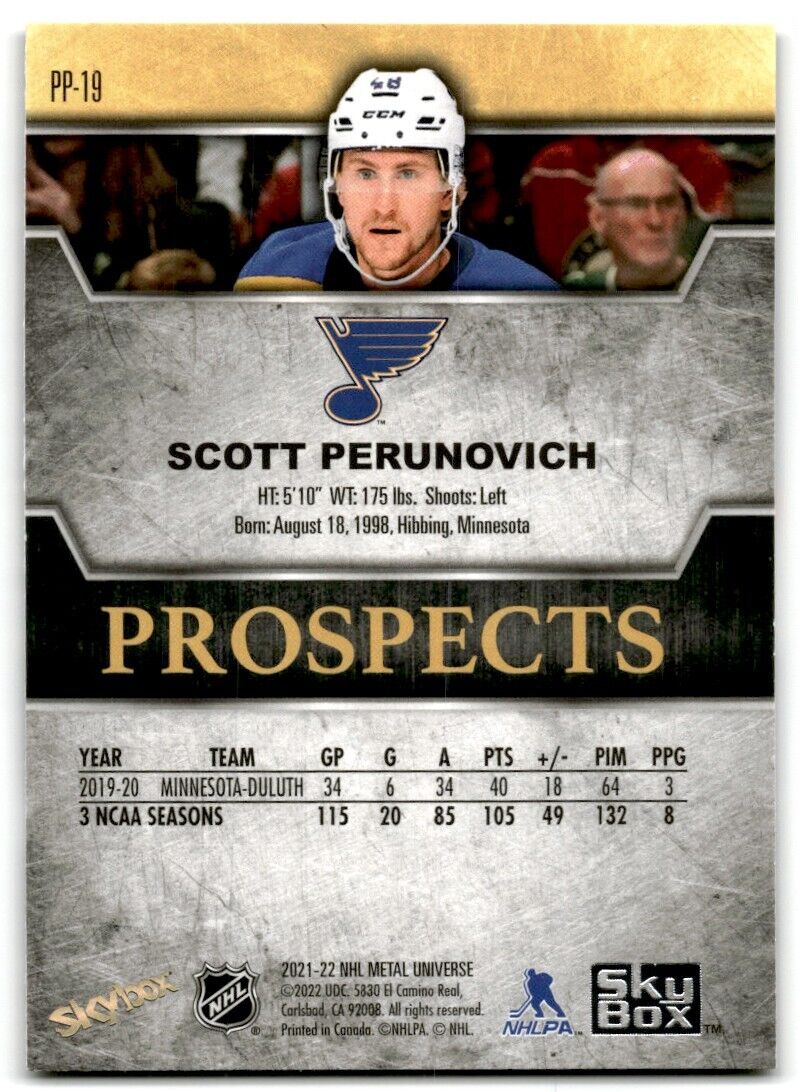 2021-22 Skybox Metal Universe Premium Prospects Scott Perunovich Rookie St.