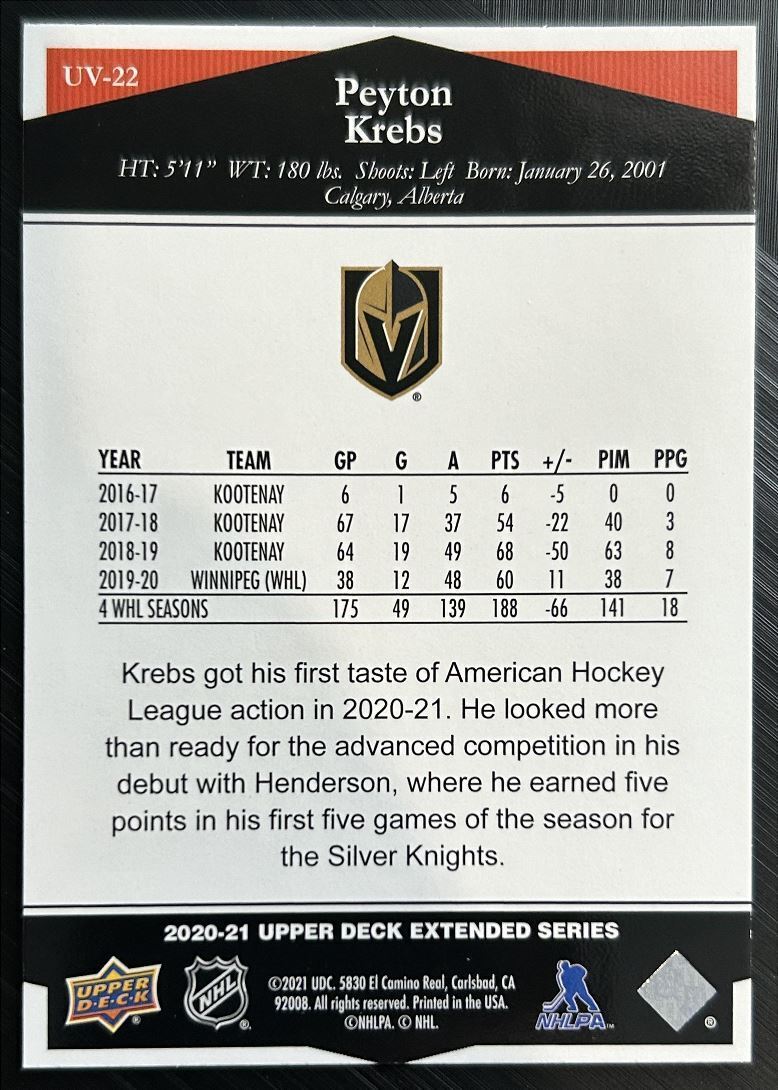 2020-21 Upper Deck Ultimate Victory Peyton Krebs Rookie Vegas Golden Knights