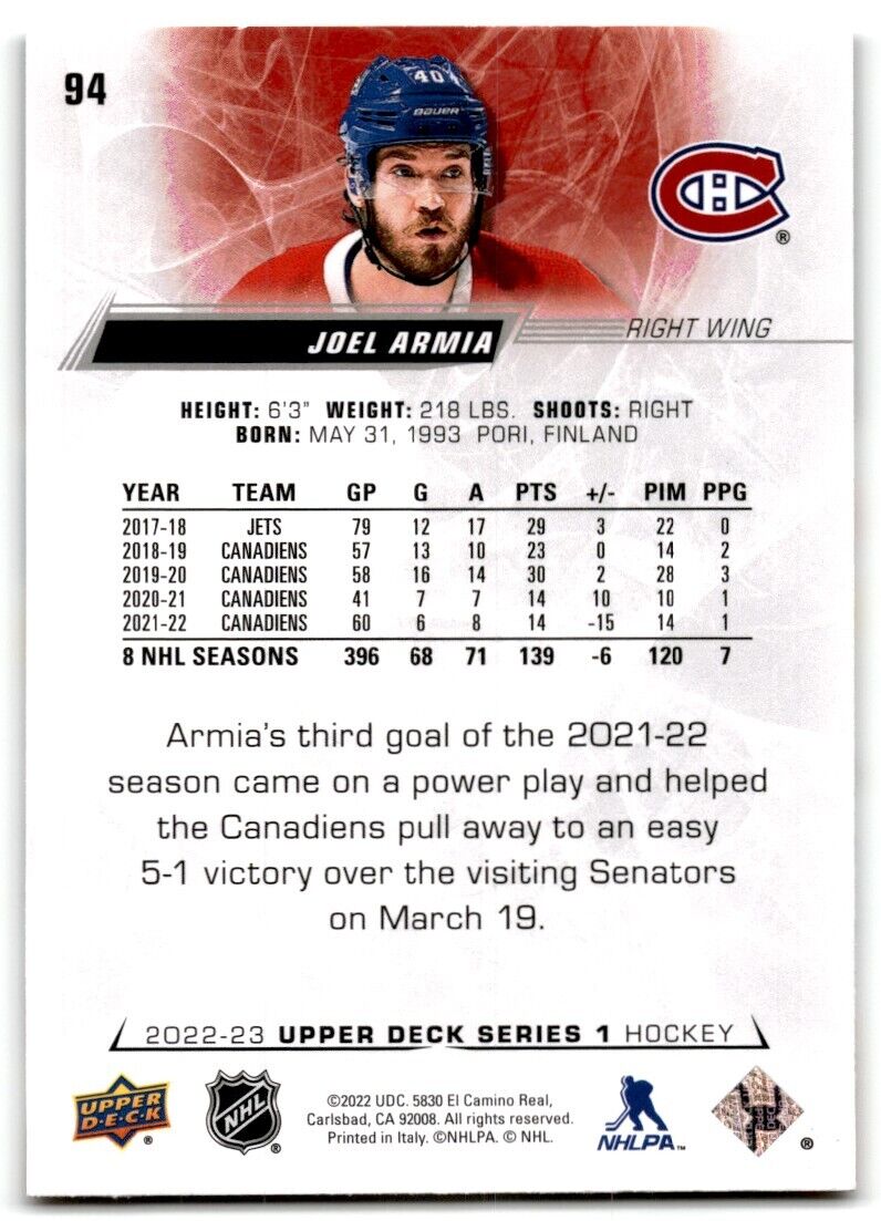 2022-23 Upper Deck Joel Armia Montreal Canadiens #94