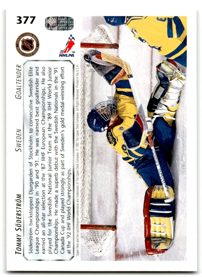 1992-93 Upper Deck Tommy Soderstrom Rookie Sweden #377