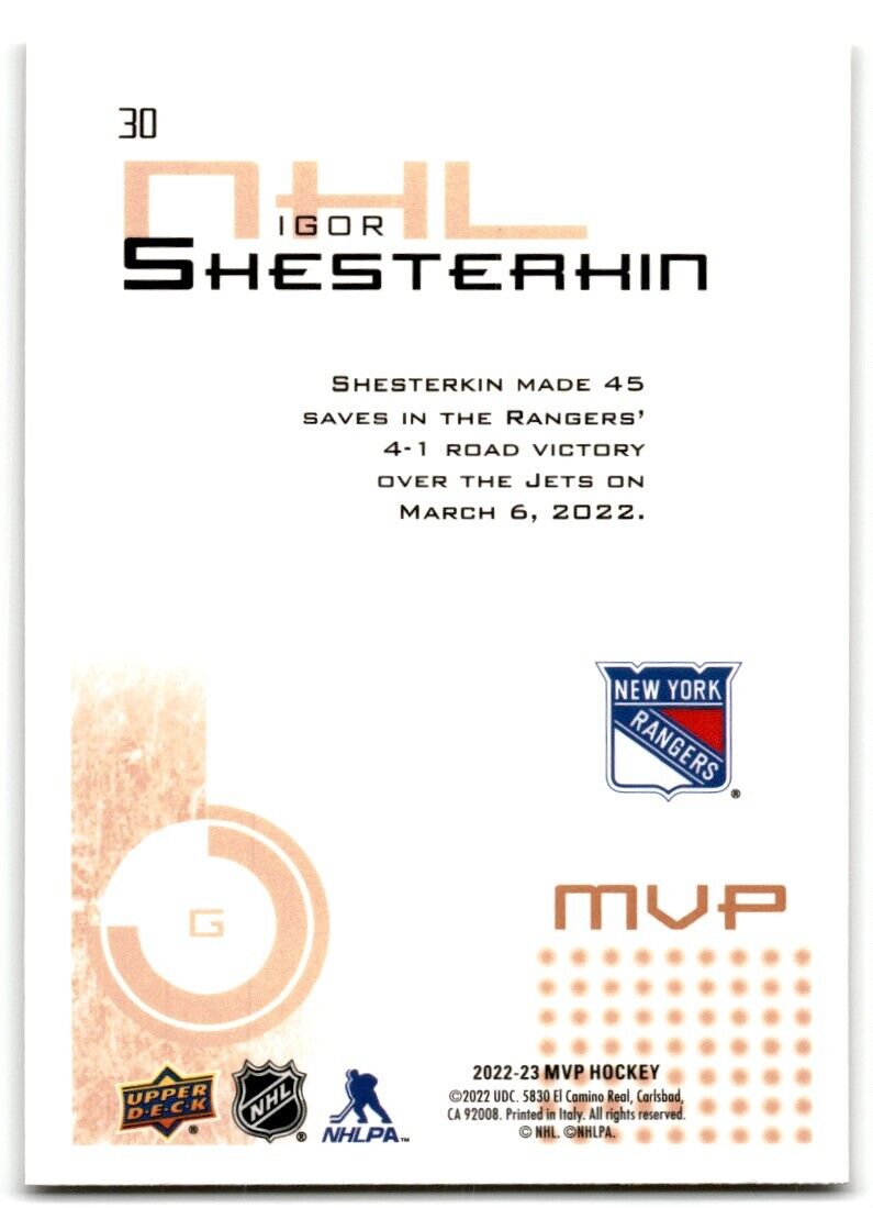 2022-23 Upper Deck MVP Igor Shesterhin New York Rangers #30