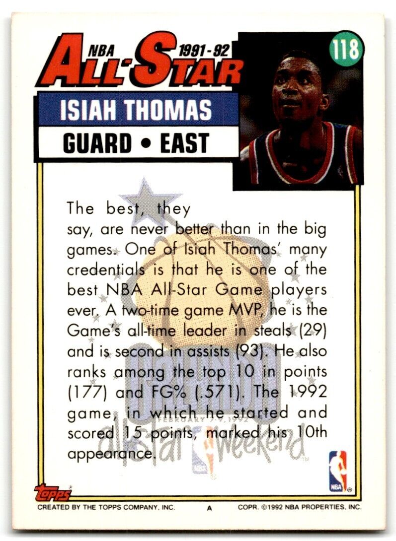 1992-93 Topps All-Star Isiah Thomas Detroit Pistons #118