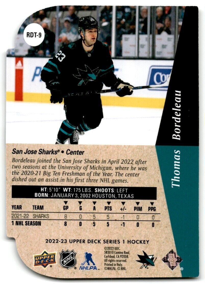 2022-23 Upper Deck Rookie Die-Cut Thomas Bordeleau Rookie San Jose Sharks #RDT-9