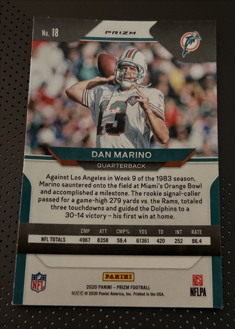 2020 Panini Prizm Orange Laser Dan Marino Miami Dolphins #18 Parallel