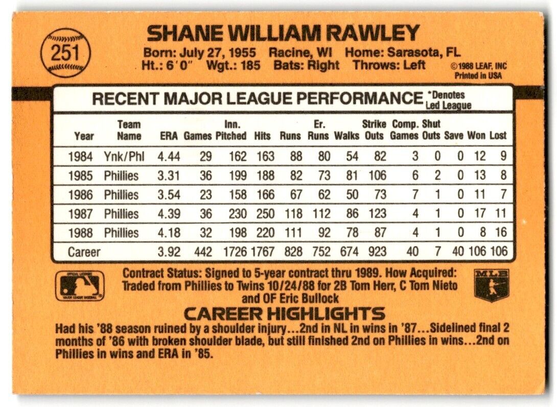 1989 Donruss Shane Rawley Philadelphia Phillies #251