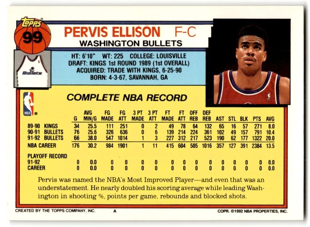 1992-93 Topps Pervis Ellison Washington Bullets #99