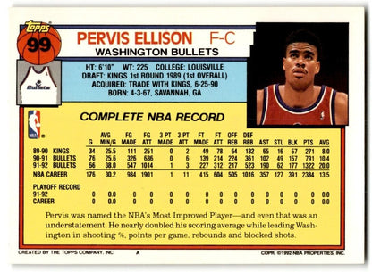 1992-93 Topps Pervis Ellison Washington Bullets #99