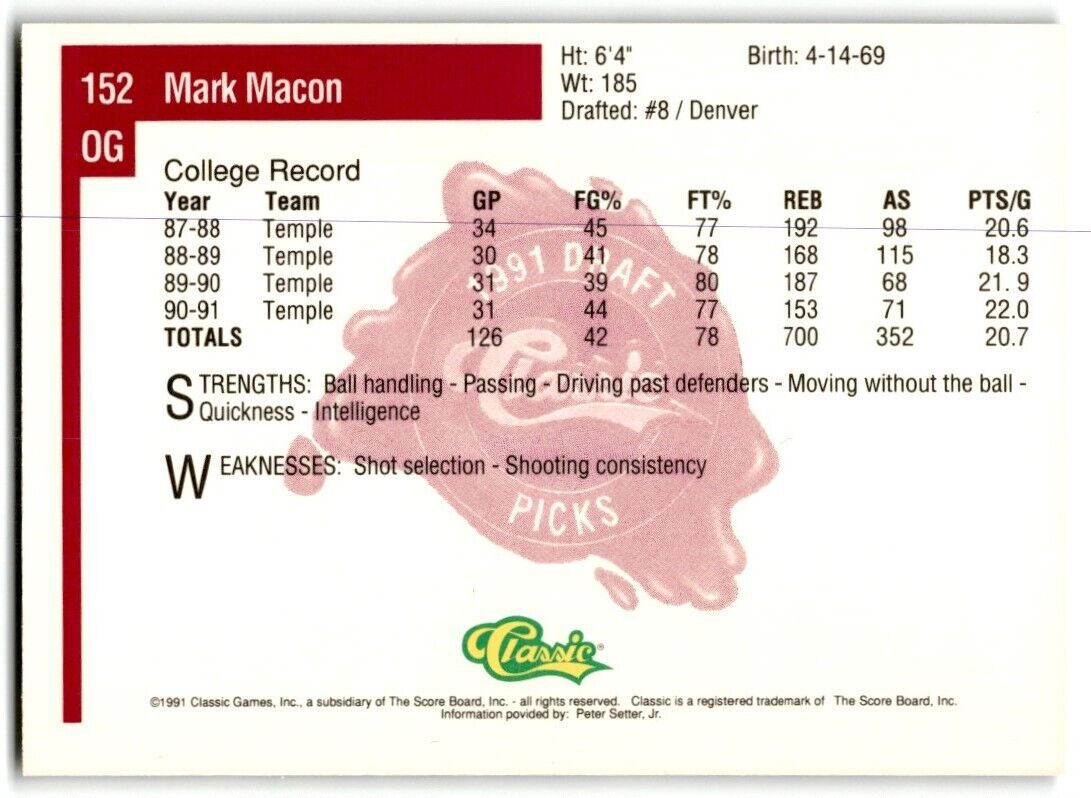 1991-92 Classic Mark Macon Rookie Temple Owls #152