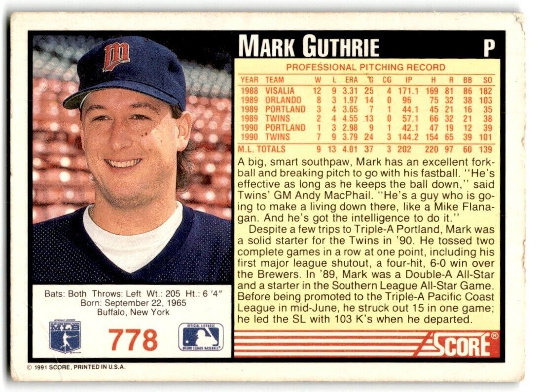 1991 Score Mark Guthrie Minnesota Twins #778