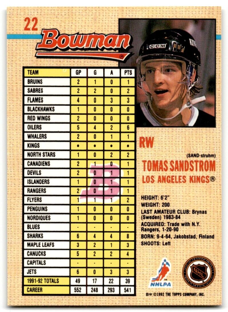 1992-93 Bowman Tomas Sandstrom Los Angeles Kings #22