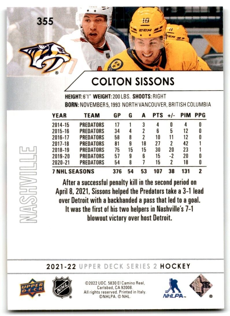 2021-22 Upper Deck Colton Sissons Nashville Predators #355