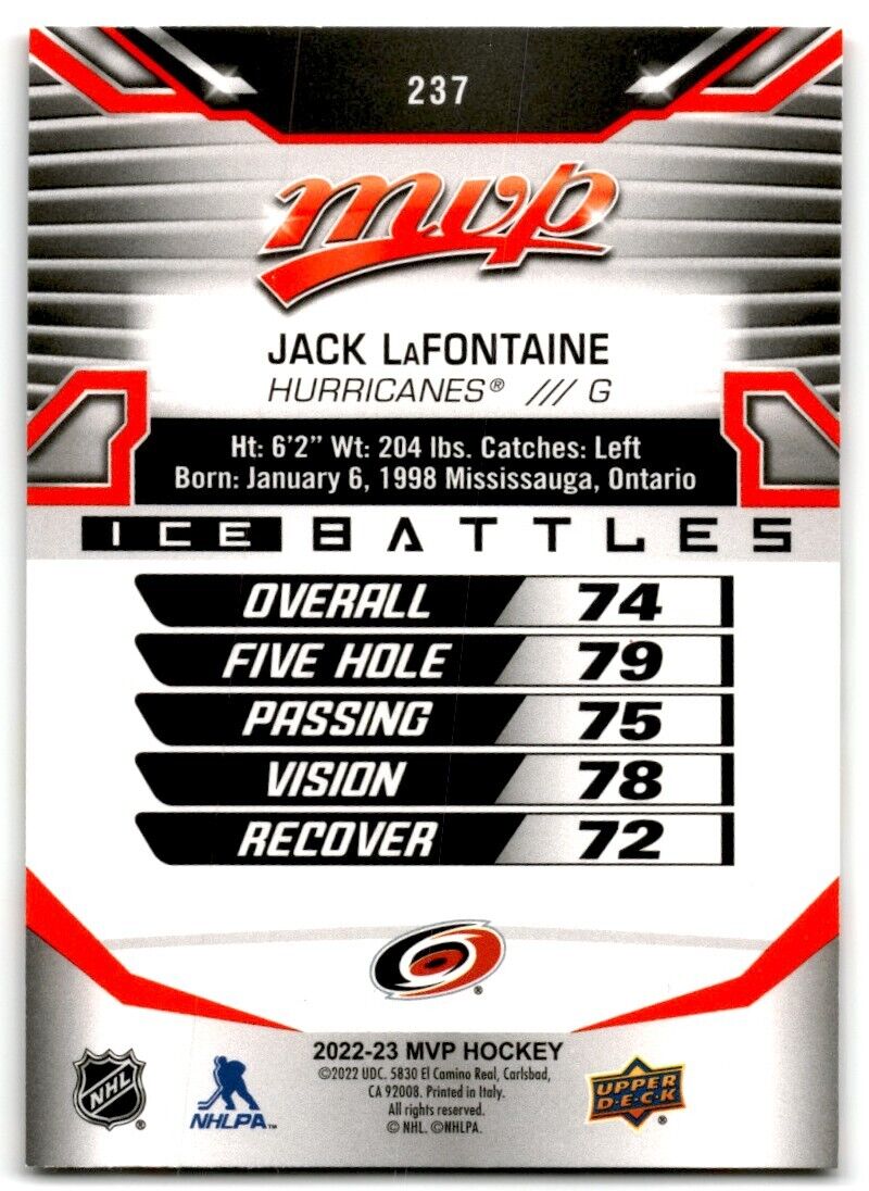 2022-23 Upper Deck MVP Ice Battles Jack LaFontaine Carolina Hurricanes #237