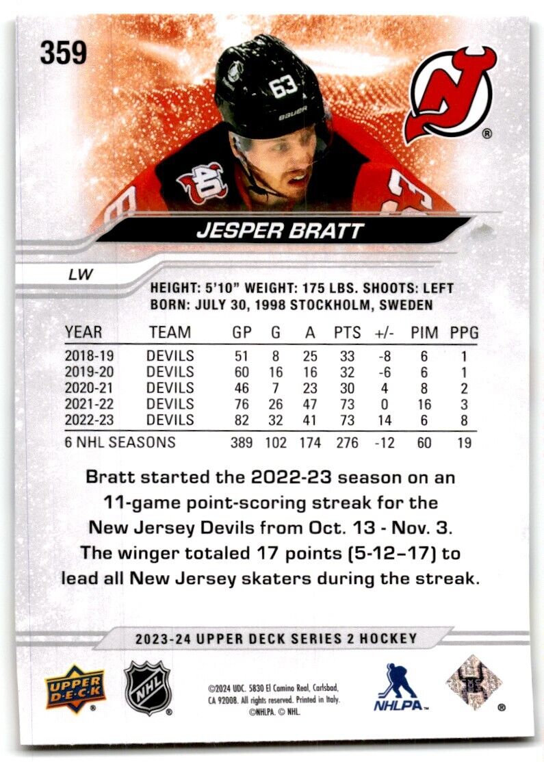 2023-24 Upper Deck Jesper Bratt New Jersey Devils #359