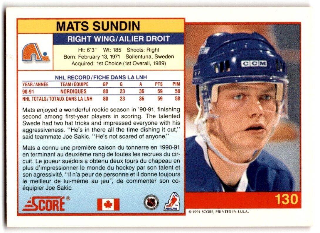 1991-92 Score Canadian Bilingual Mats Sundin Quebec Nordiques #130