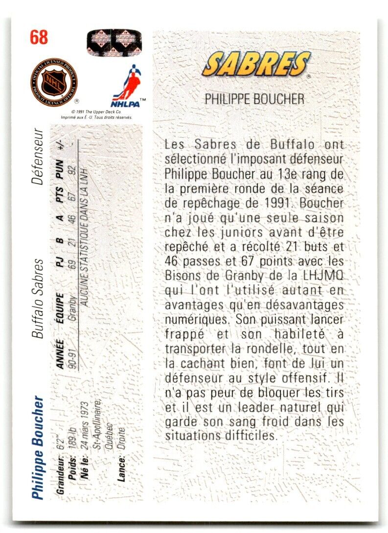 1991-92 Upper Deck French Philippe Boucher Rookie Buffalo Sabres #68