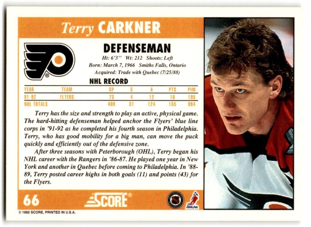 1992-93 Score Terry Carkner Philadelphia Flyers #66