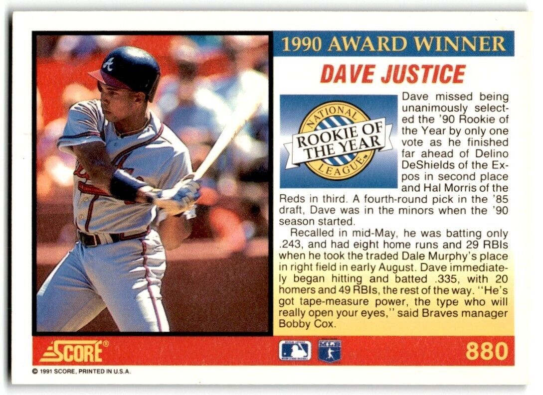 1991 Score Dave Justice Atlanta Braves #880