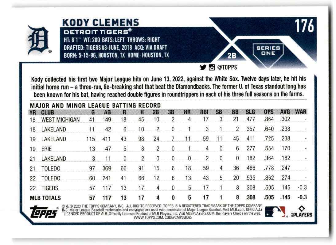 2023 Topps Kody Clemens Rookie Detroit Tigers #176