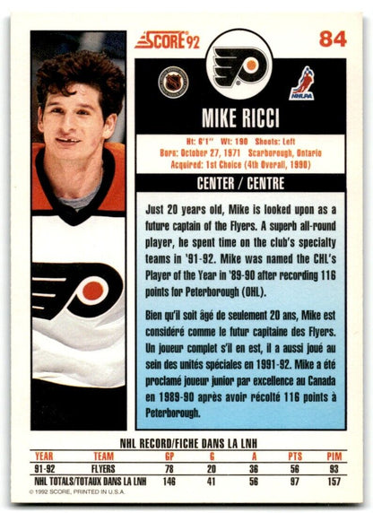 1992-93 Score Mike Ricci Philadelphia Flyers #84