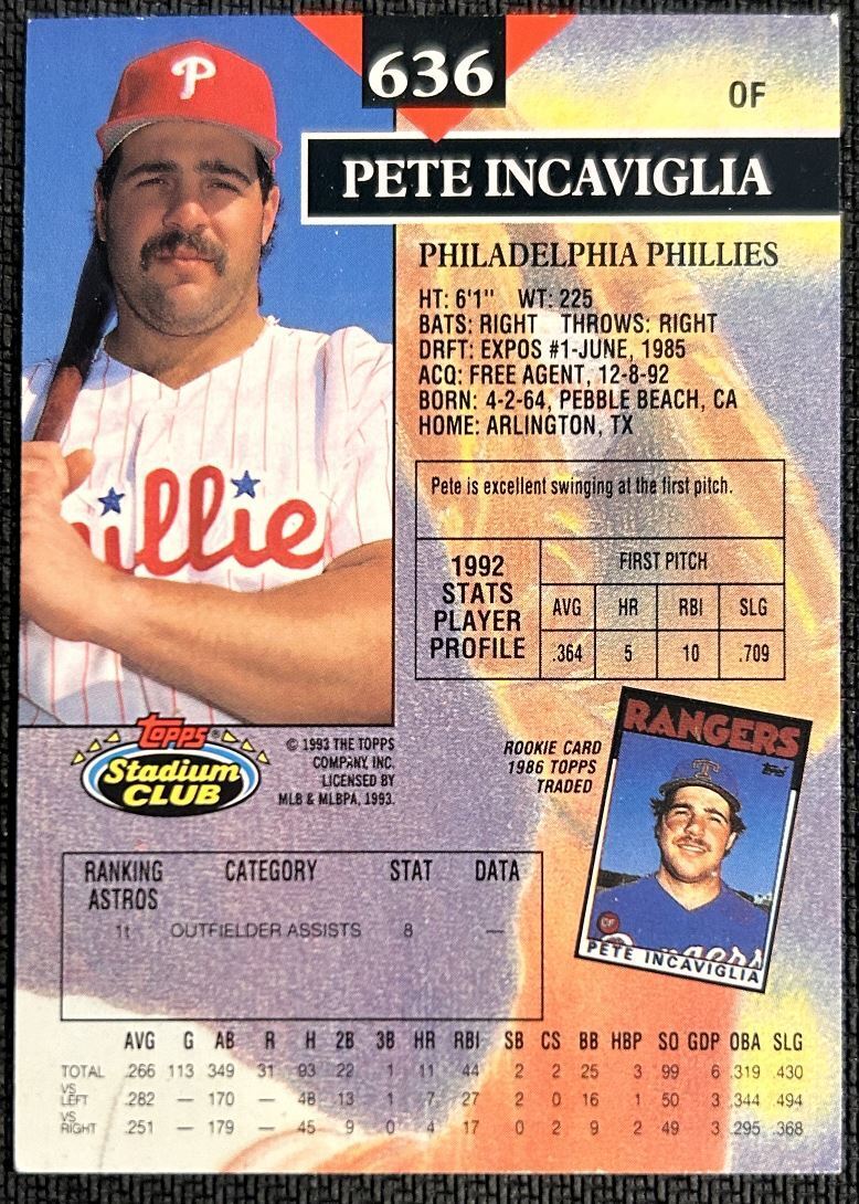 1993 Topps Stadium Club Pete Incaviglia Philadelphia Phillies #636