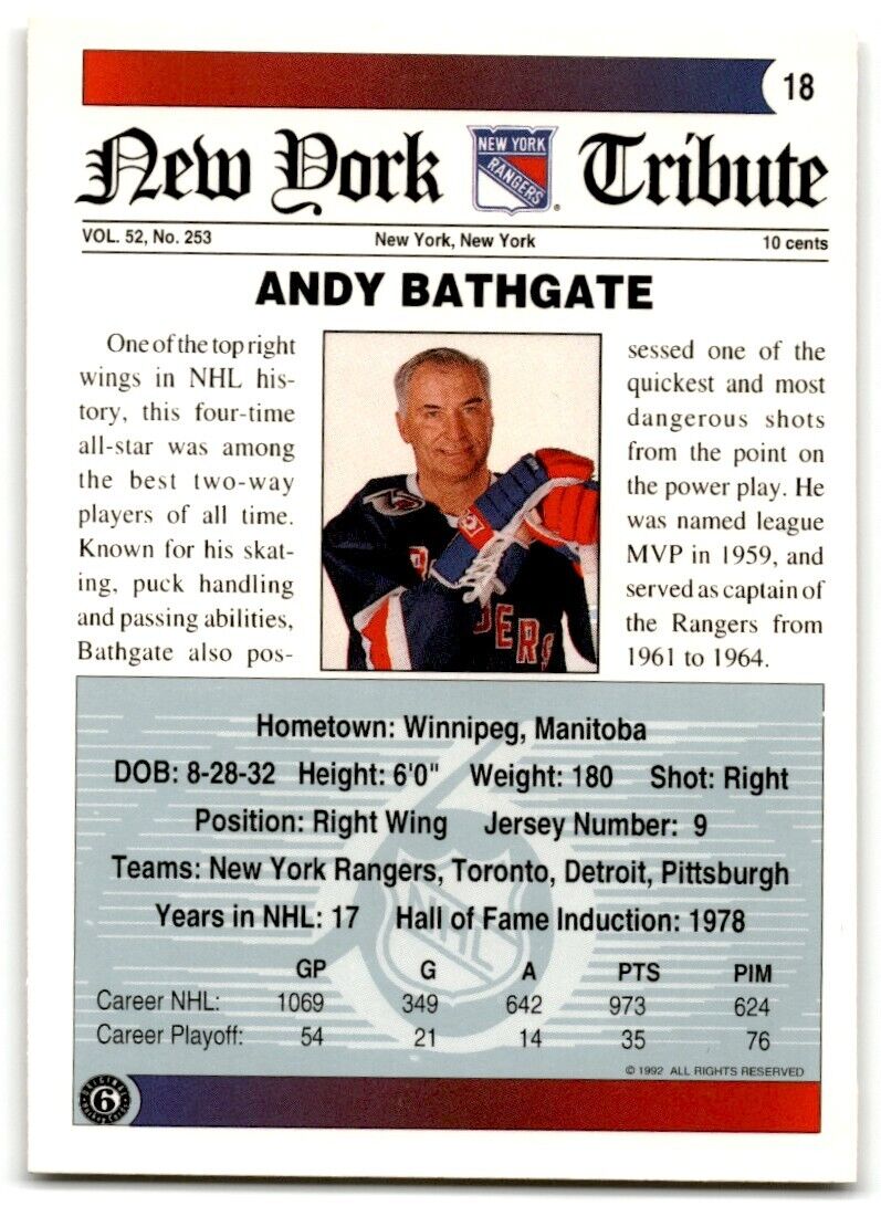 1991-92 Ultimate Original 6 Andy Bathgate New York Rangers #18