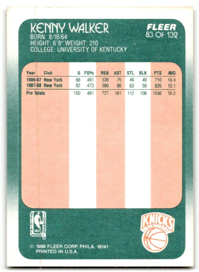 1988-89 Fleer Kenny Walker Rookie New York Knicks #83