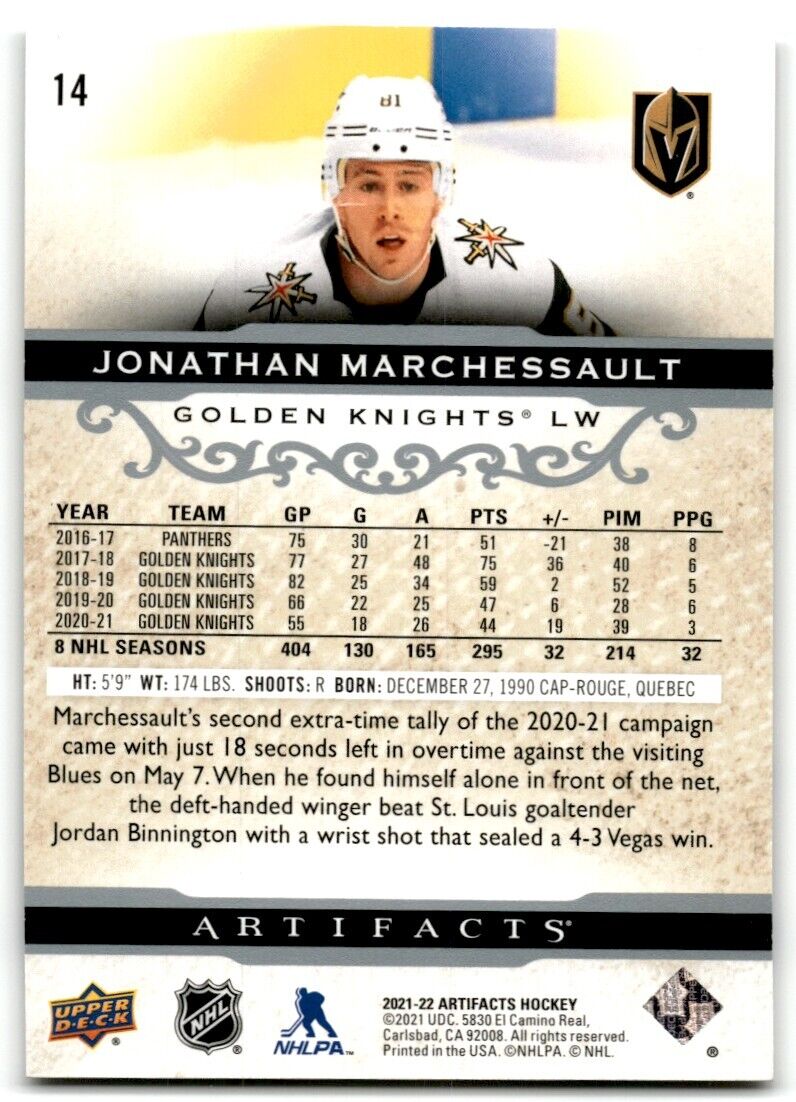 2021-22 Upper Deck Artifacts Jonathan Marchessault 54/299 Vegas Golden Knights