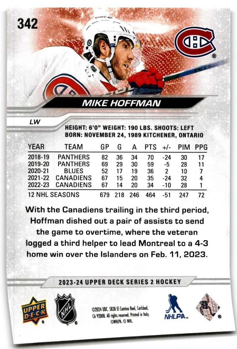 2023-24 Upper Deck Mike Hoffman Montreal Canadiens #342