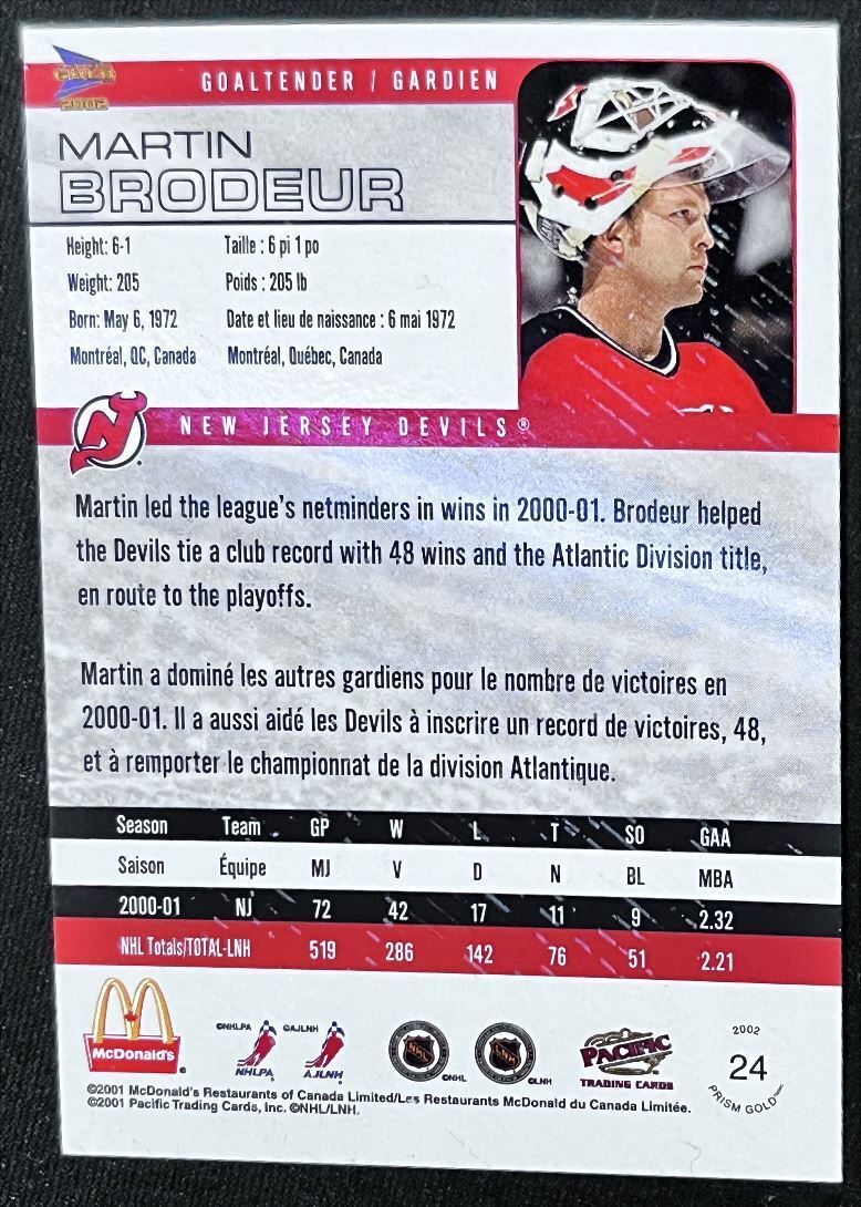 2000-01 Pacific McDonalds Martin Brodeur New Jersey Devils #24