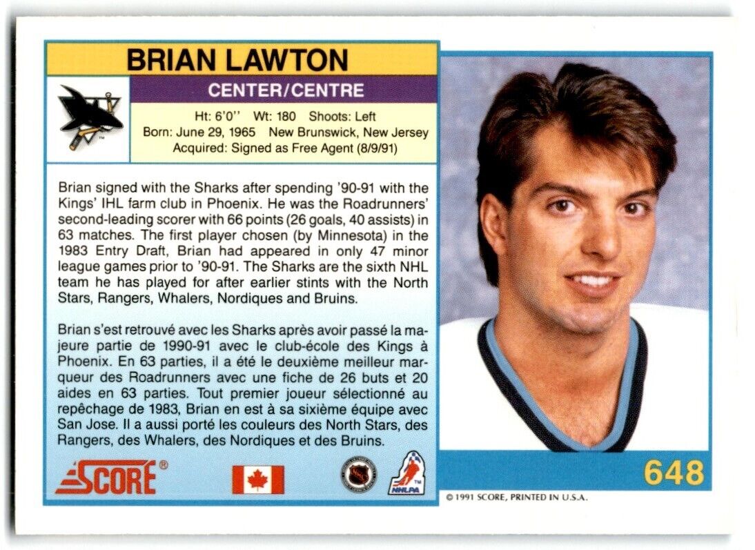 1991-92 Score Canadian Bilingual Brian Lawton San Jose Sharks #648