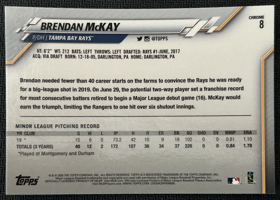 2020 Topps Chrome Brendan McKay Rookie Tampa Bay Rays #8