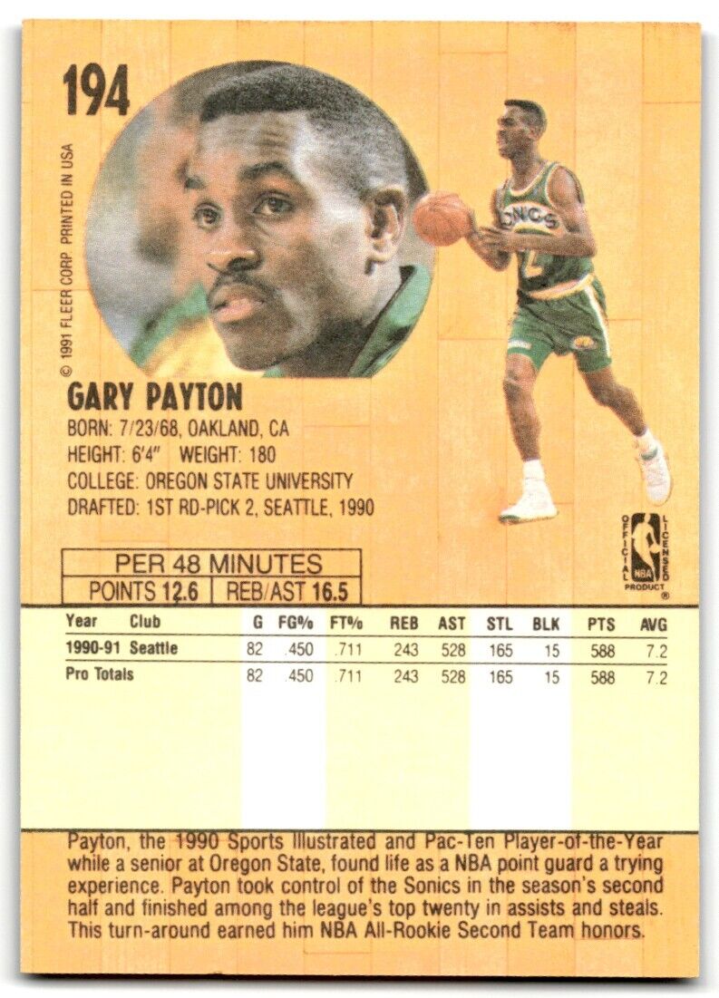 1991-92 Fleer Gary Payton Seattle SuperSonics #194