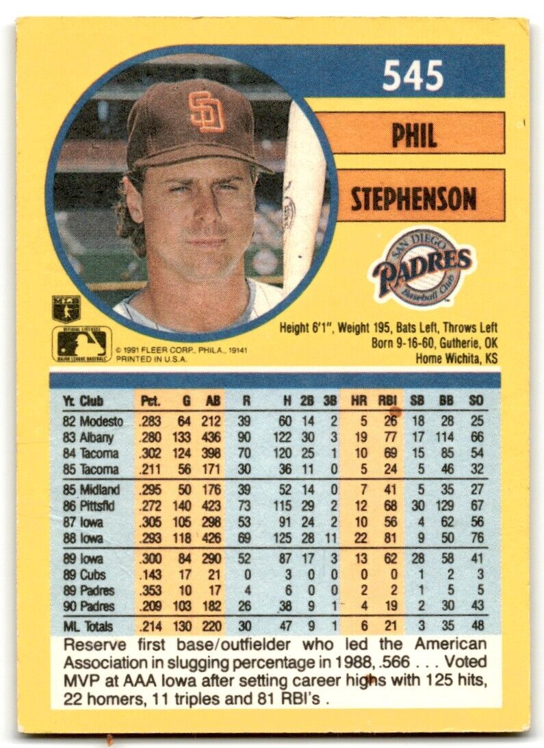 1991 Fleer Phil Stephenson San Diego Padres #545A