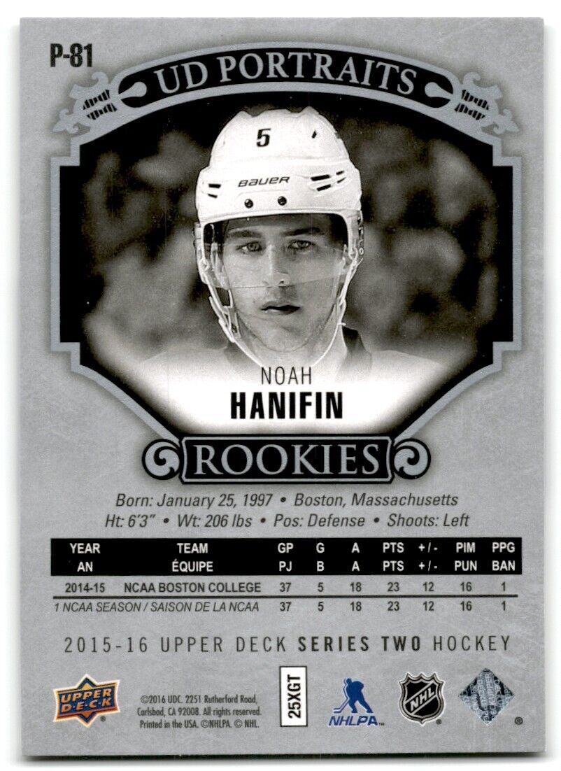 2015-16 Upper Deck Portraits Noah Hanifin Carolina Hurricanes #P-81