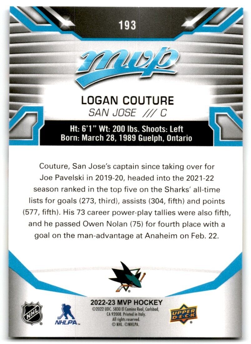 2022-23 Upper Deck MVP Logan Couture San Jose Sharks #193